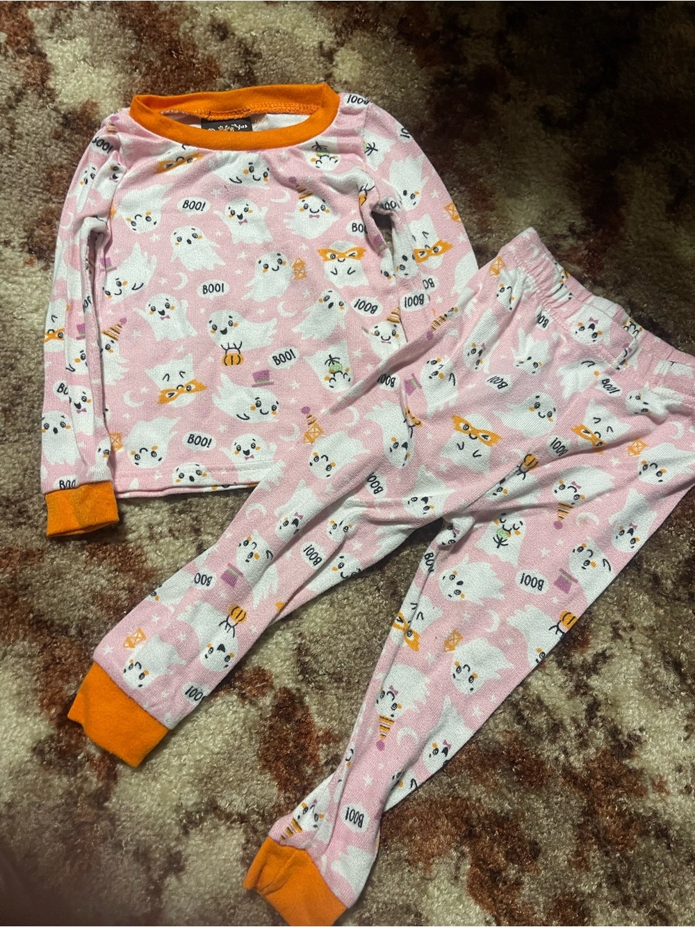 Kids Pink Ghost Print Pajama Set with Orange Trim